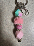 Pink silicone and fuzzy beaded keychain