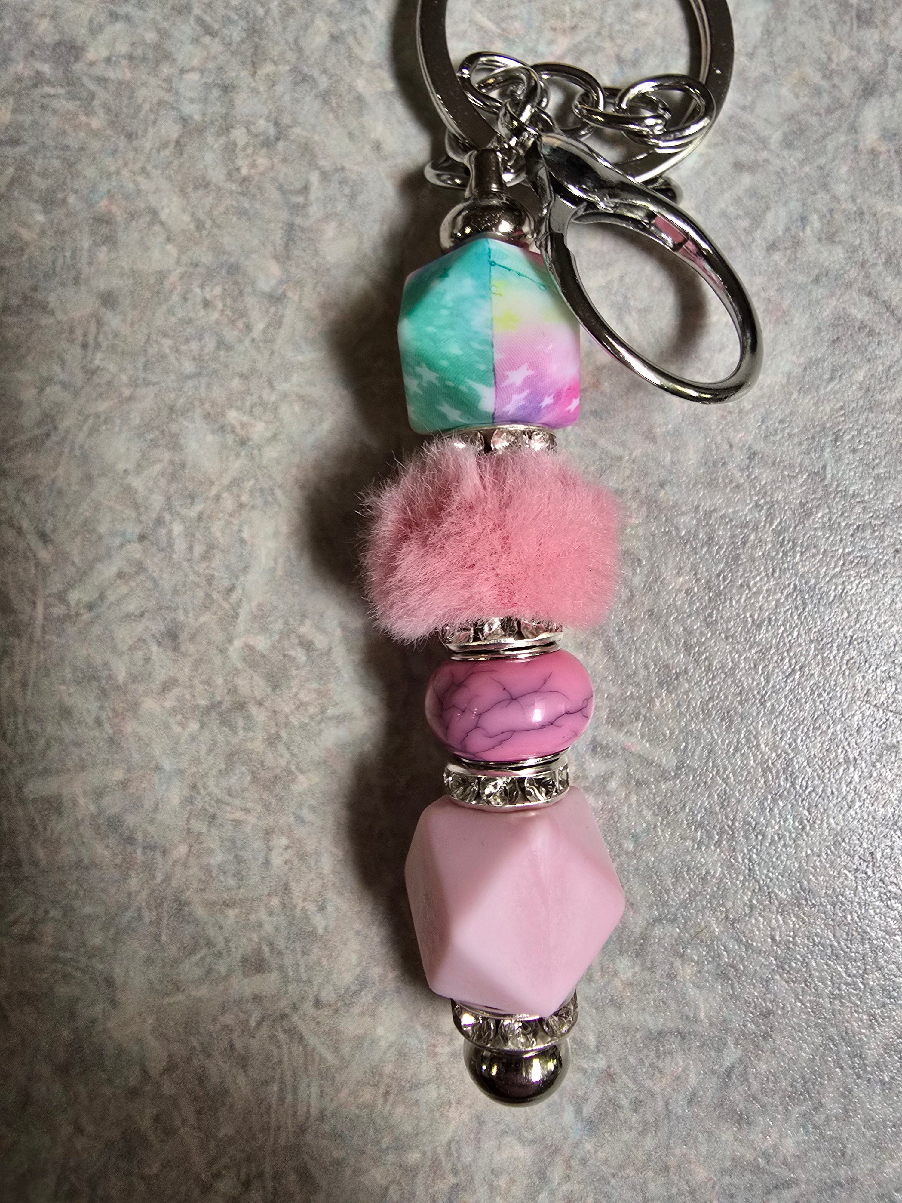 Pink silicone and fuzzy beaded keychain